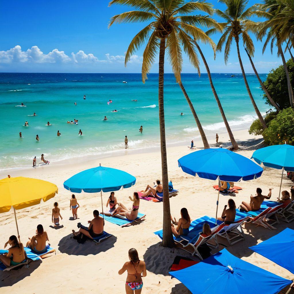 A vibrant beach scene featuring a diverse group of people in stylish swimwear, joyfully splashing in crystal-clear blue water. Colorful umbrellas and beach towels create a lively atmosphere on the sand, with palm trees swaying gently in the background. Include a sun-drenched sky with a bright sun, and hints of outdoor activities like surfing, beach volleyball, and snorkeling. super-realistic. vibrant colors. sunny atmosphere.