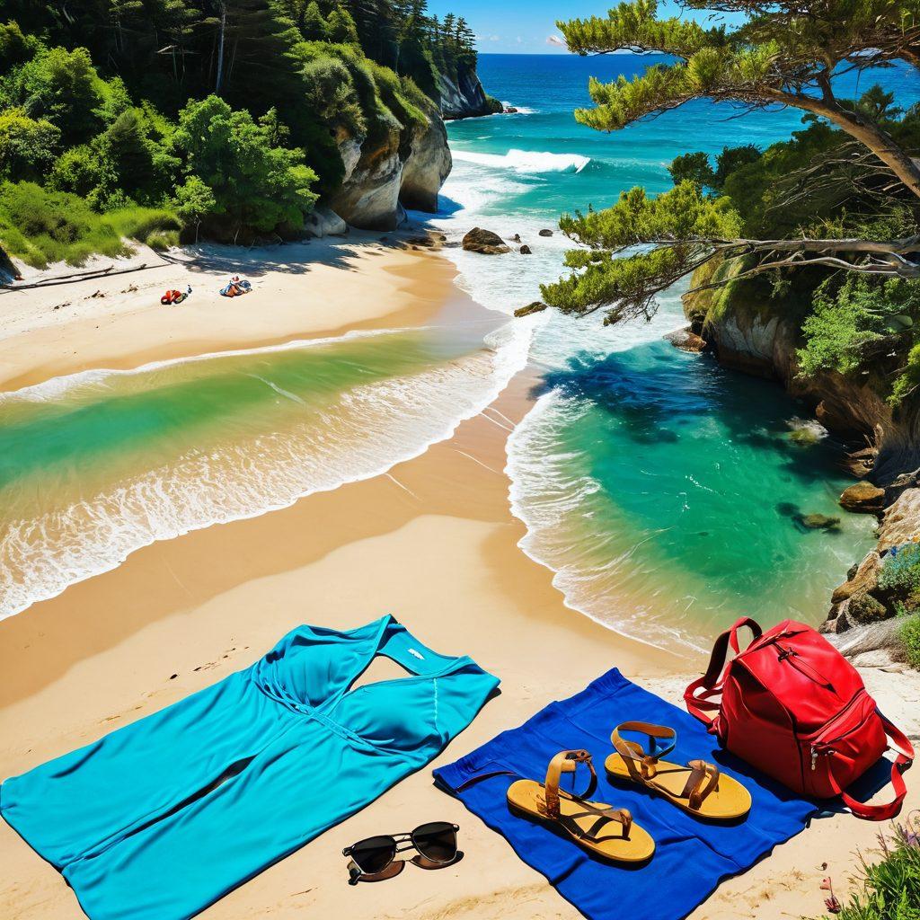 A split scene showcasing summer fun: on one side, colorful beach attire like swimsuits, sunglasses, and beach towels set against a bright sandy beach with waves lapping at the shore; on the other side, hikers wearing durable gear like backpacks and boots climbing a lush green trail surrounded by vibrant wildflowers and tall trees. The sky overhead is a bright blue, symbolizing adventure and relaxation simultaneously. super-realistic. vibrant colors. 3D.