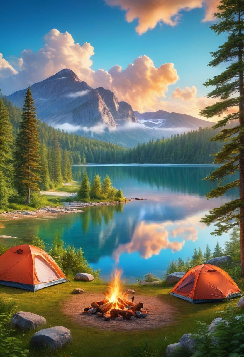 A picturesque summer landscape featuring a vibrant campsite in the foreground with a glowing campfire, a family roasting marshmallows, and a sparkling lake in the background surrounded by lush green forests and mountains. Bright blue skies with fluffy clouds and colorful tents add a sense of adventure and relaxation. Illustrate various outdoor activities like hiking and canoeing happening nearby. super-realistic. vibrant colors. peaceful atmosphere.